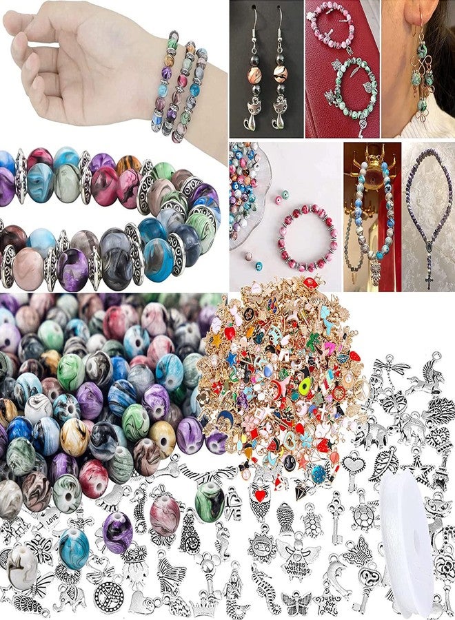 DIY Crafts 2 Sets, Mix Mixed, 1 Set Contain = 5x Tibetan Charms 5x Multi Charms 10x Space Acrylic Beads Ink Patterns 1x Crystal String 25x Beads 4-8mm, for Bracelets Necklace (2 Sets, Mix Mixed) - Image 1